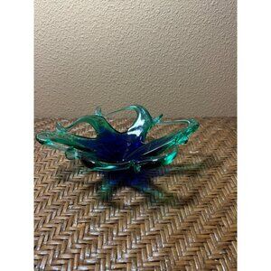 Vintage Murano Hand-Blown Art Glass Centerpiece Webbed Bowl Blue & Green